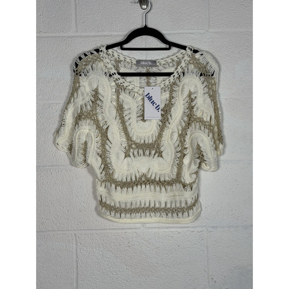Blueb Collection Ivory Gold Open Knit Crochet Sweater Cover Up Women's Small